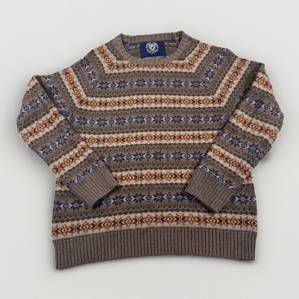 American Eagle Men’s XL Fair Isle Rabbit Hair Sweater Brown Orange Blue 2011